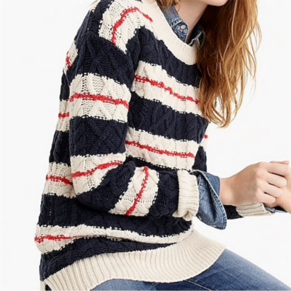 J. Crew Blue Stripe Merino Wool Blend Gabby Cable Knit Tunic Sweater  MEDIUM NWT - Picture 4 of 10